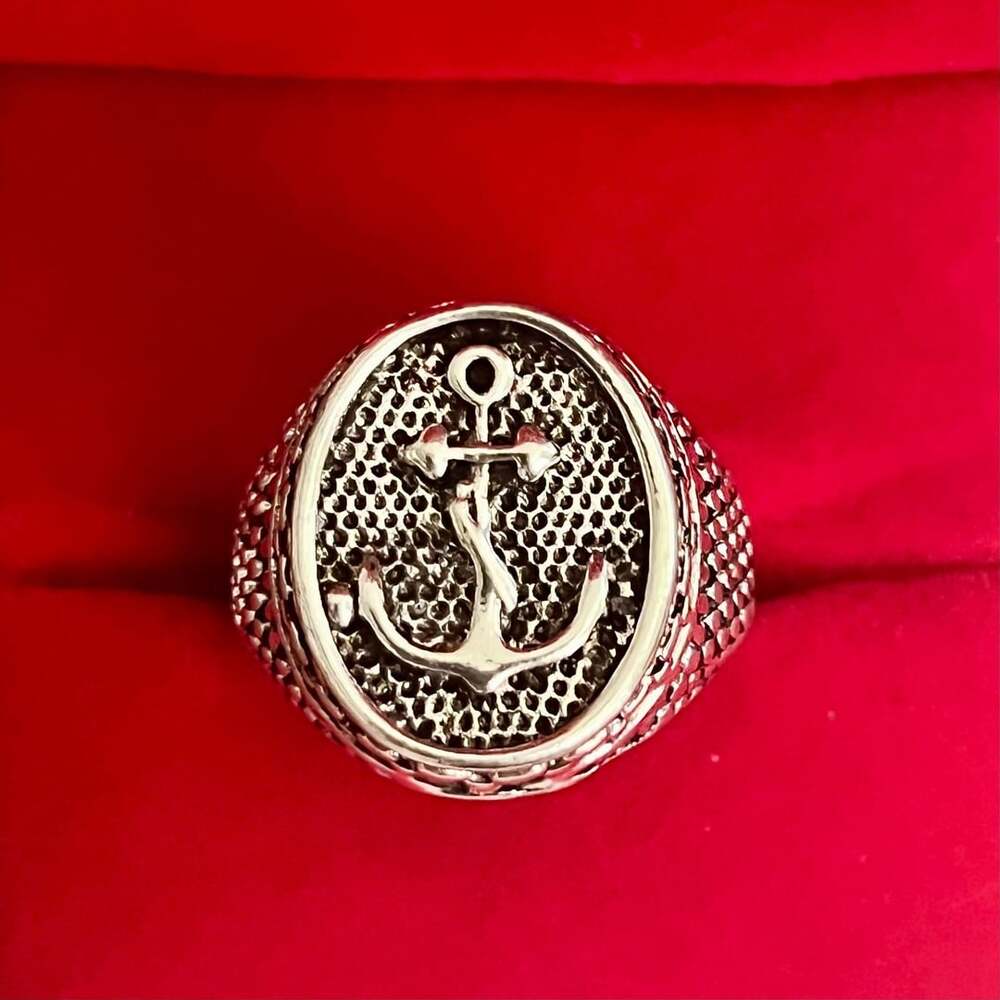 Vintage Anchor Signet Nautical Titanium Steel Silver Statement Ring Size 9